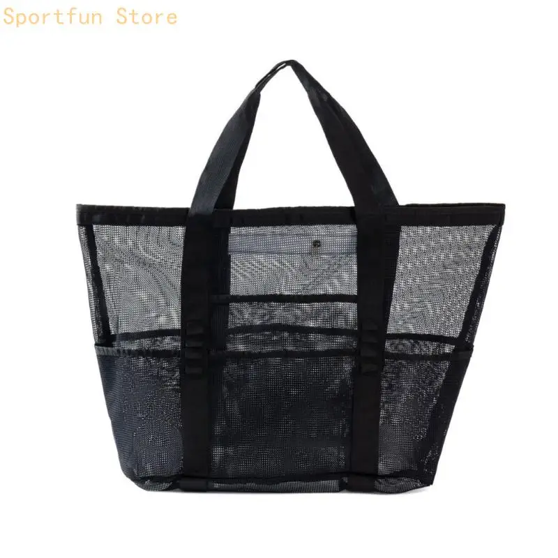 

Portable Mesh Beach Bag with Pockets Single Shoulder Handheld Travel Wash Bag Light Weight Quick Dry Beach Bag X7JD