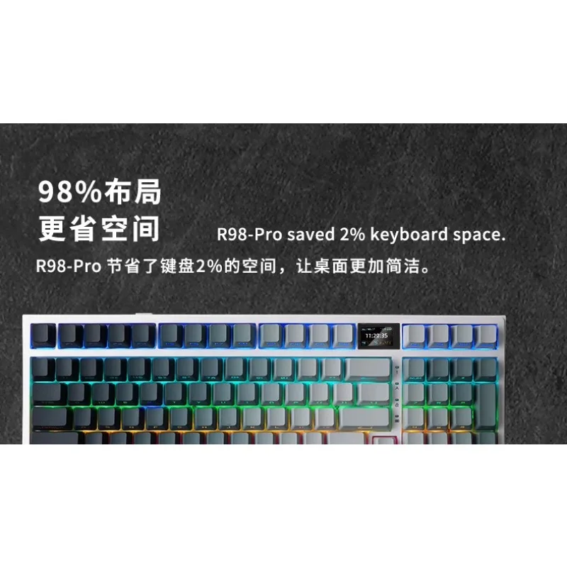 R98Pro Custom Tri-mode Mechanical Keyboard Gasket Structure Hot Swap 98keys Display Screen Side Carved Light Position RGB