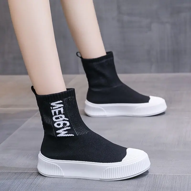 2024 Footwear Chunky Black Sneakers Women\'s Ankle Boots Platform Flat Booties Sock Sports Short Shoes for Woman Fashion Boot Y2k