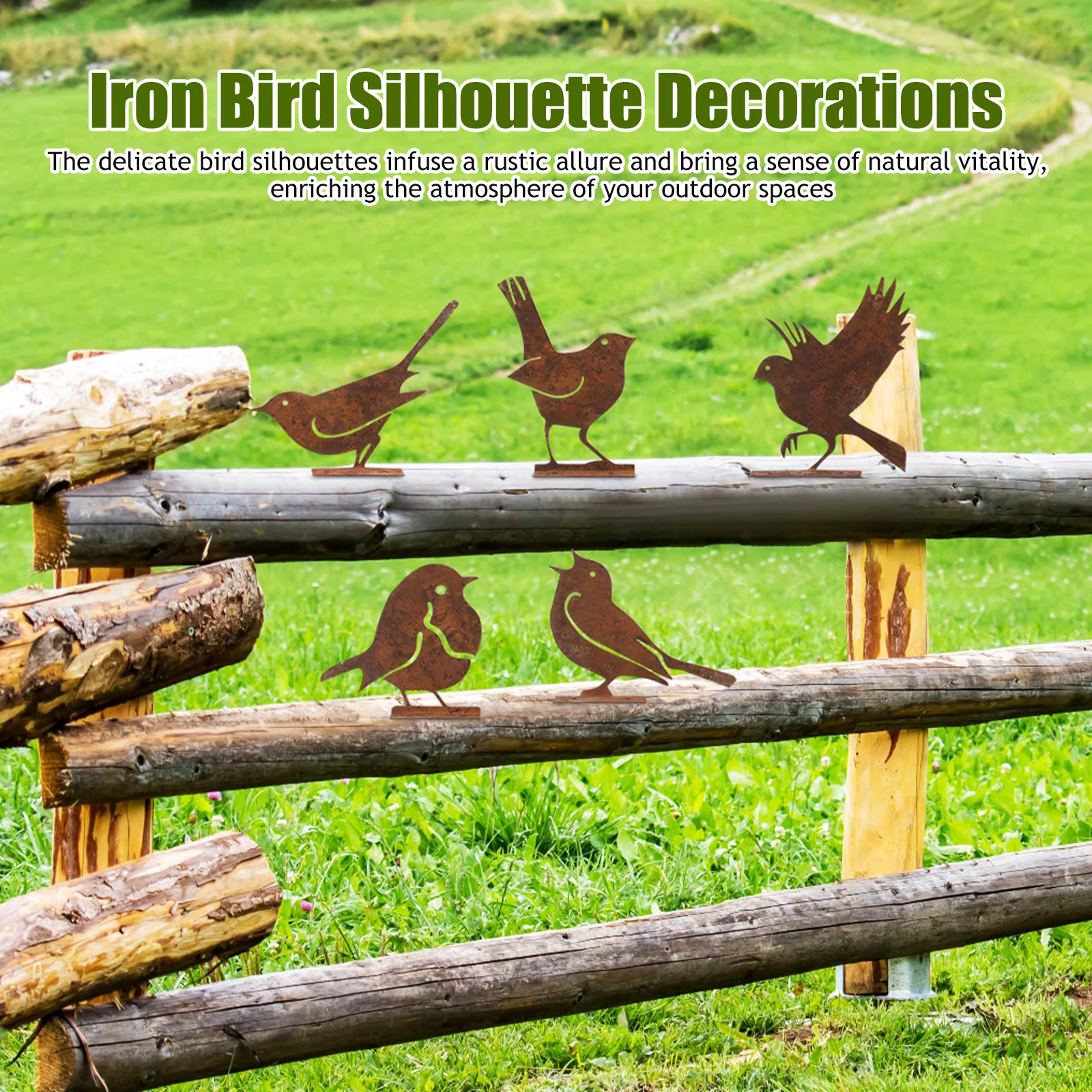 

Five Bird Rustic Iron Metal Sculpture Brown Garden Ornaments Outdoor Animals Fence Decorations Statue Decor Yard Art