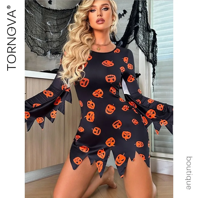

Tornova Halloween Cosplay Sexy Women Dress Uniform Pumpkin Printing Set Slim High Waisted Girl Interesting Dress Uniform Set