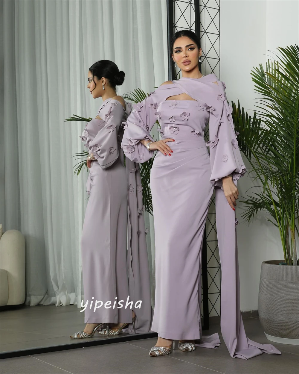 Gaun Prom Arab Saudi Satin lipit bunga pesta A-line O-Neck Bespoke gaun acara panjang sepergelangan kaki