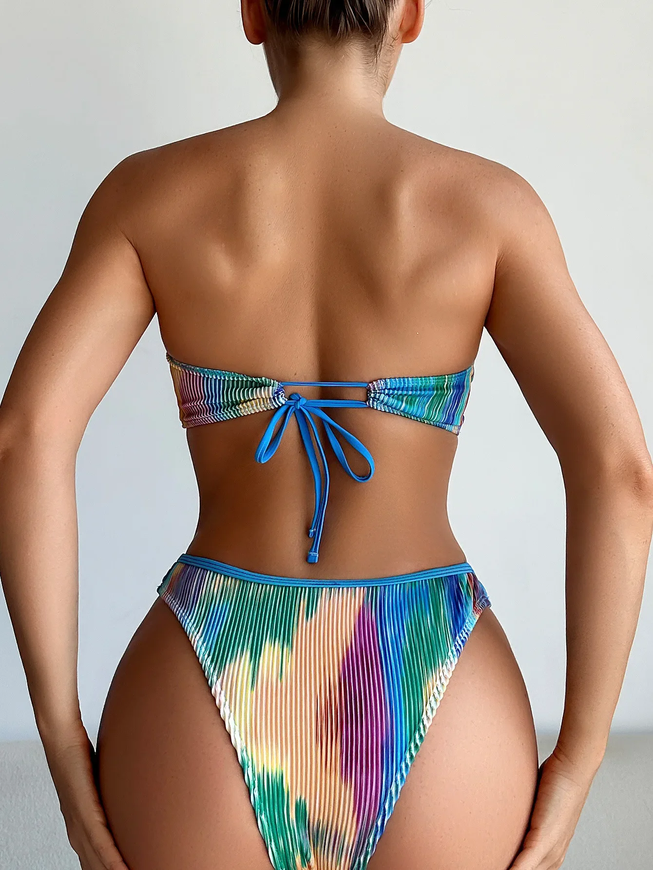 Conjunto de biquíni feminino colorido gravata tingida mini maiô de 2 peças sexy sem alças sem costas cintura alta roupa de banho verão 2025