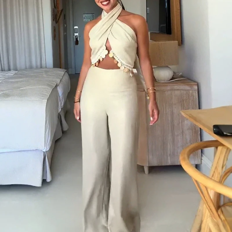 Temperament Wrap Chest Vest+Pants 2pc Set Shining Gold Wire Dew Splicing Backless Outfit Elegant Solid Off Shoulder Evening Suit