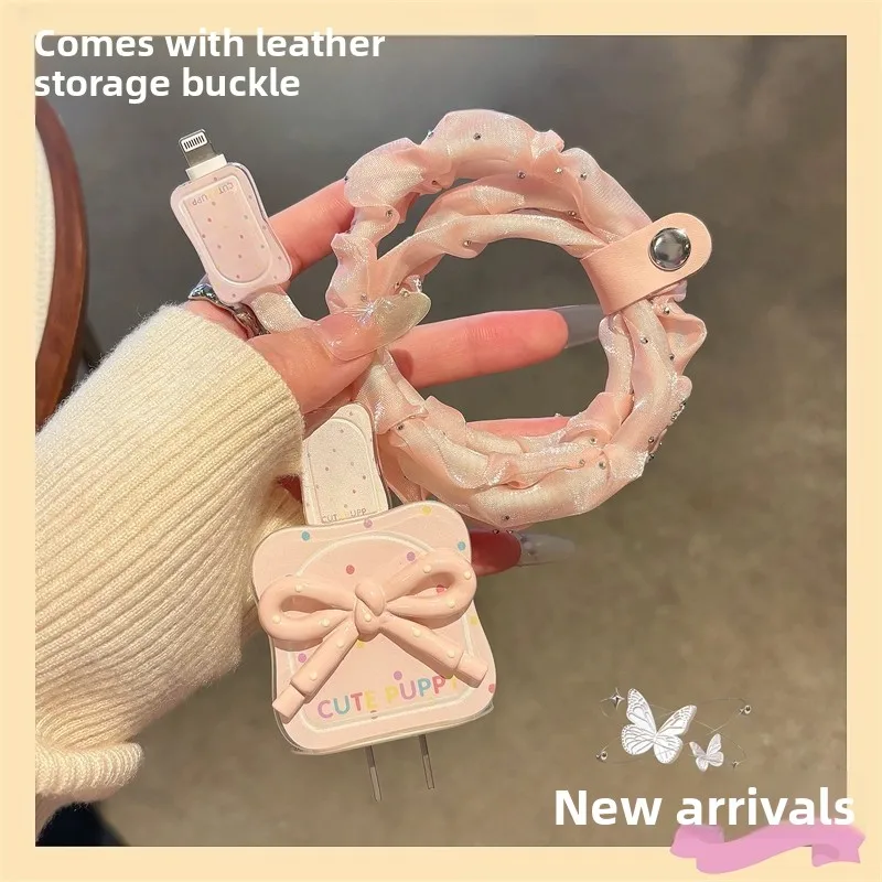Cute Pink Wave Point Bow Charger Cable Protector For Iphone 15 14 13 12 18W 20W Charger Protection Cover Data Line Winder