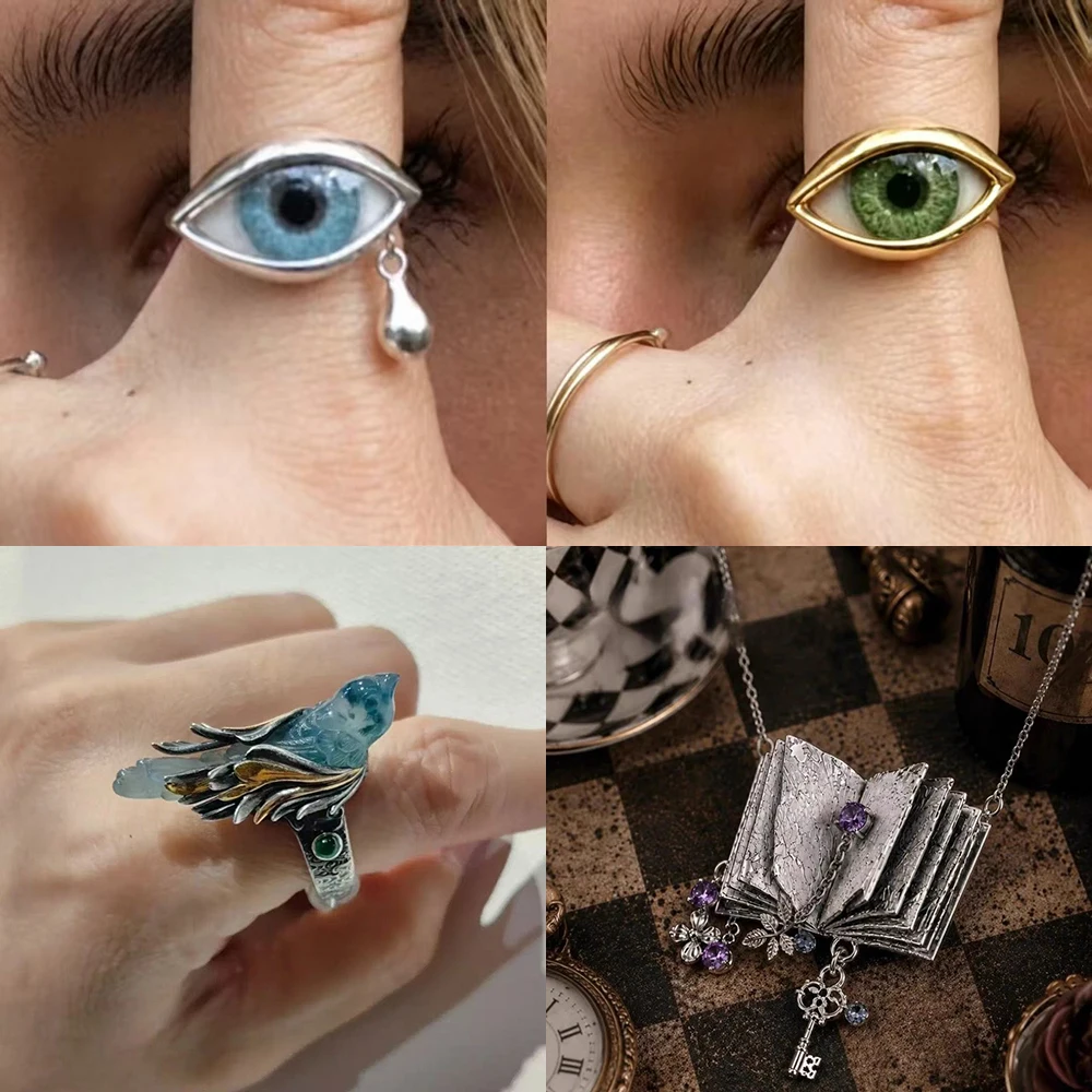 Big Eye Tears Rings Medieval Costumes Accessories Magic Book Necklace Halloween Party Costumes Props Court Bird Ring Xmas Gifts