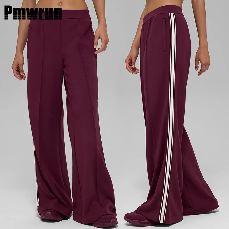 

PMWRUN Women's Burgundy Wide - Leg Yoga Pants, Side Striped & Breathable Stretchy For Gym Yoga Pilates Dance Workout Wear