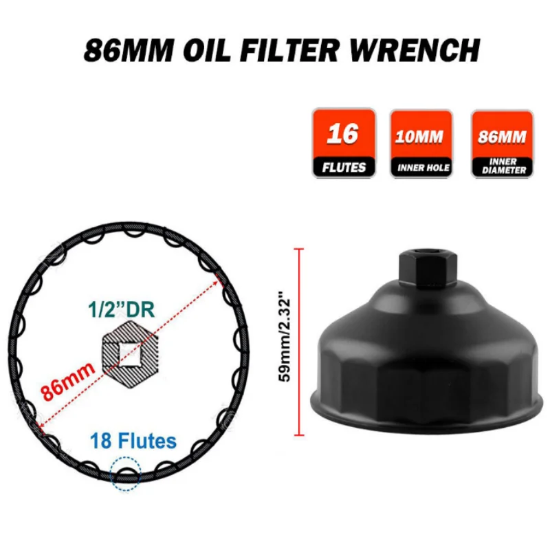 Oil Filter Wrench 86mm 16 Flutes End Socket Square Drive Cap Remover Tool Mini Auto Car Repair Tools for BMW Volvo