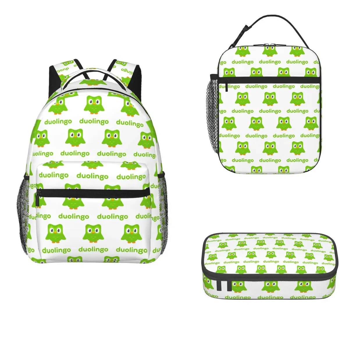 Duolingo Owl Duo Backpacks Boys Girls Bookbag Children School Bags Cartoon Kids Rucksack Lunch Bag Pen Bag Three-Piece Set