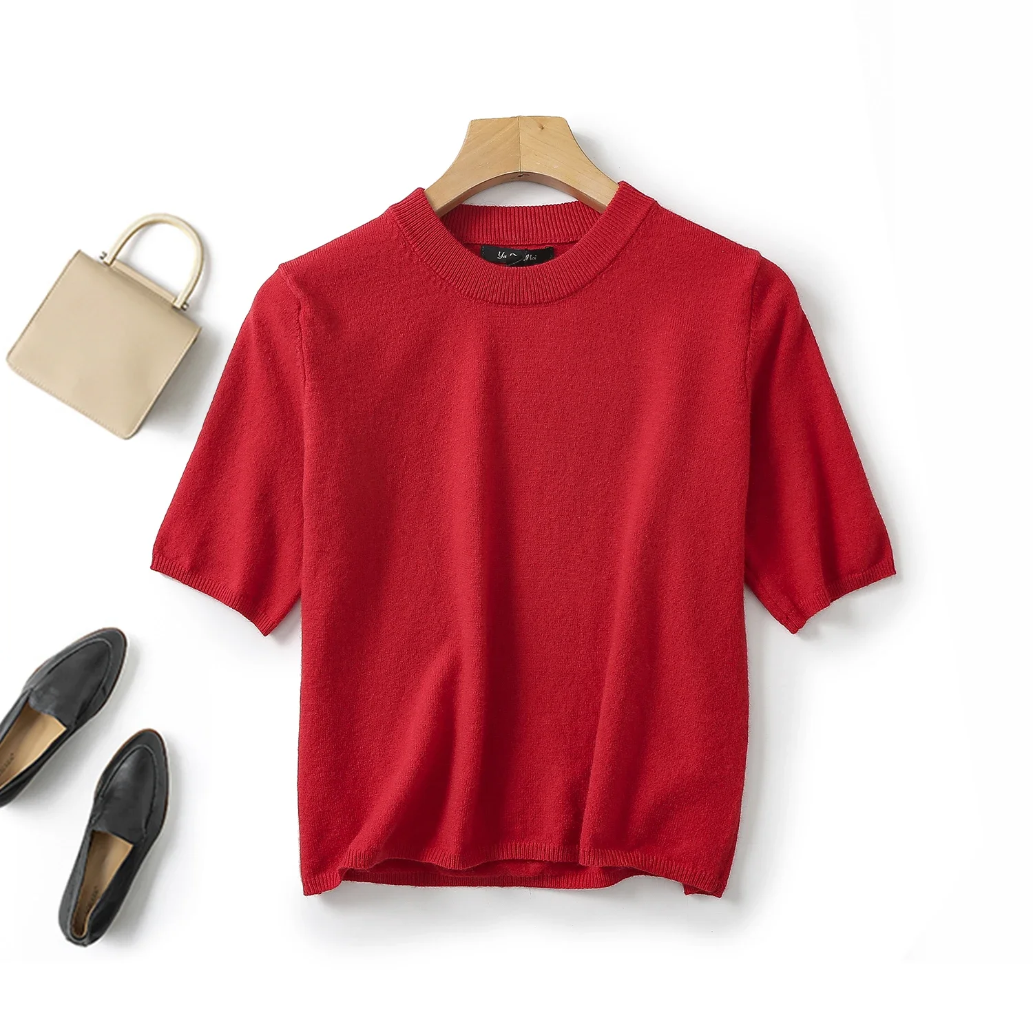 

Ethereal MD 2024 new style of Women's casual New Year's red wool blend crew-neck short-sleeved sweater