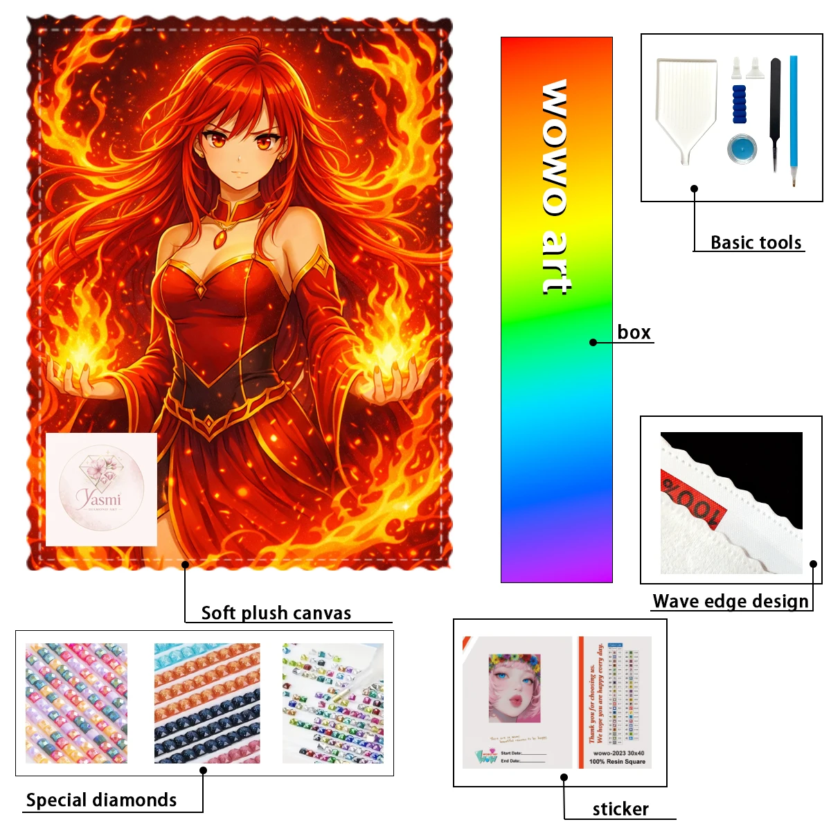 

【Yasmi Diamond Art】 Fire Magic Fantasy 100% Resin Rhinestones Flocked Fabric with 3-4 Special Diamonds for Diamond Painting