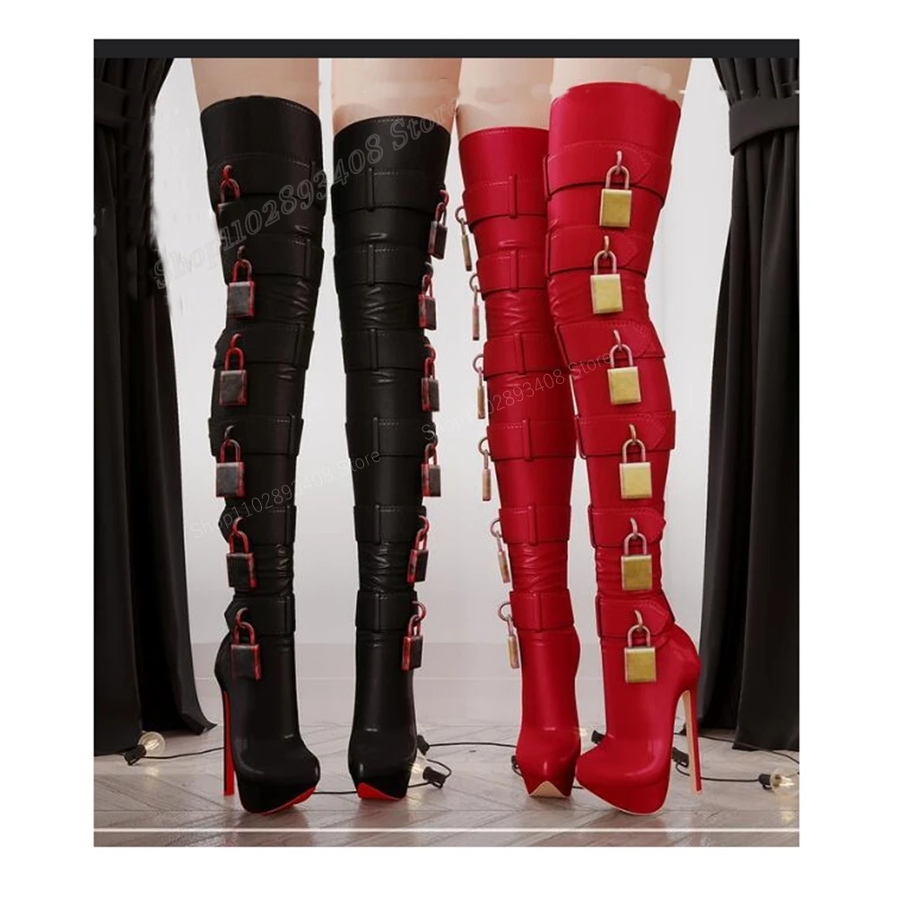 Red Locks Decor Matte Leather Over the Knee Boots Stiletto High Heel Fashion Sexy Women Shoes 2024 Spring Zapatos Para Mujere