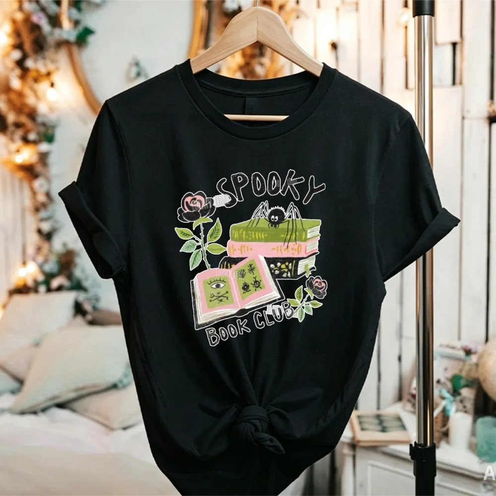 Spooky Book Club Graphic Tee Halloween Reader Shirt Black Spider Pink Green Roses Open Book Stack Crew Neck Relaxed Fit Bookish