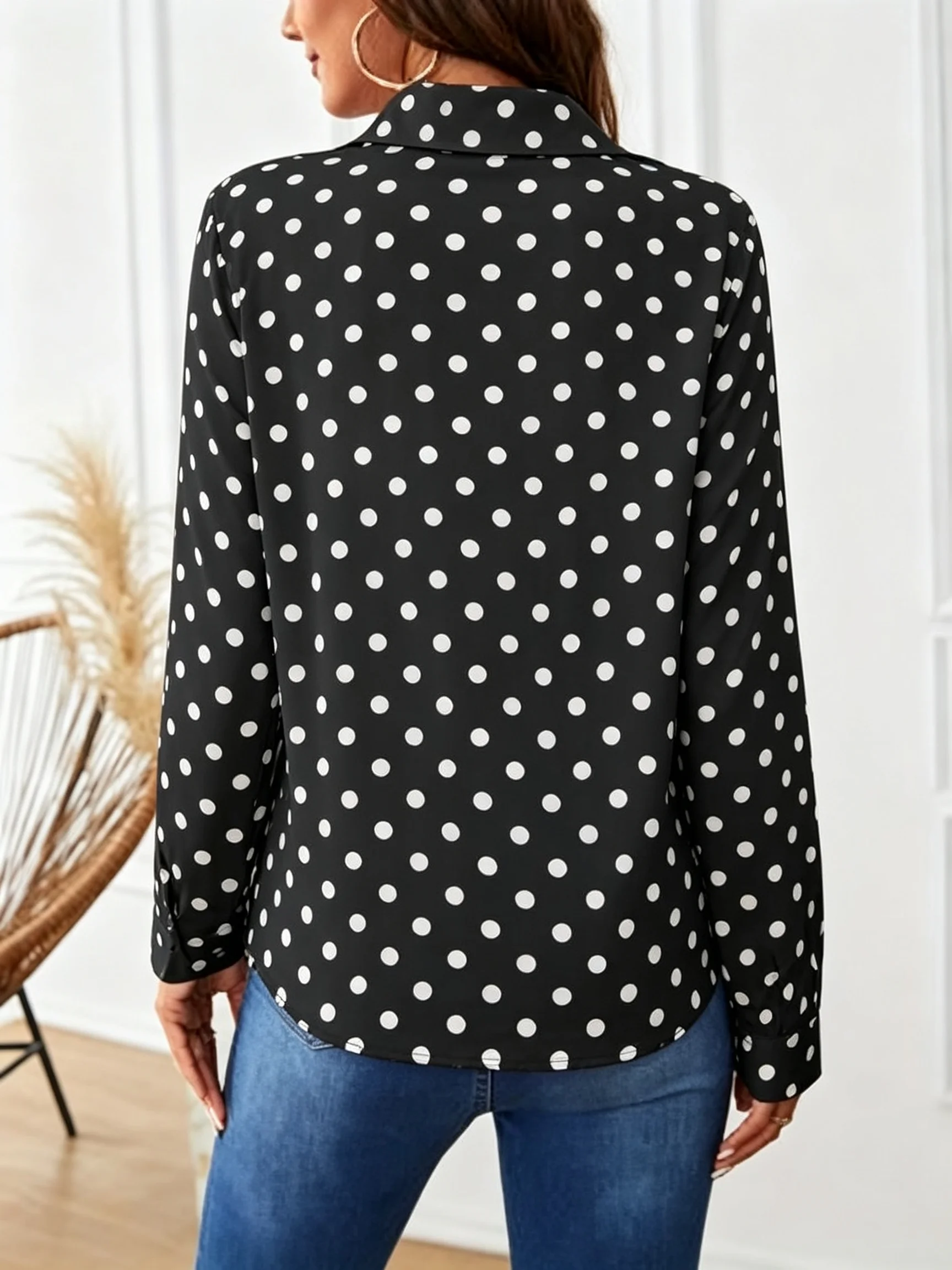 Retro-Französisches Polka-Dot-Hemd mit gekerbtem Kragen, einreihiges Langarm-Oberteil – Detail 2