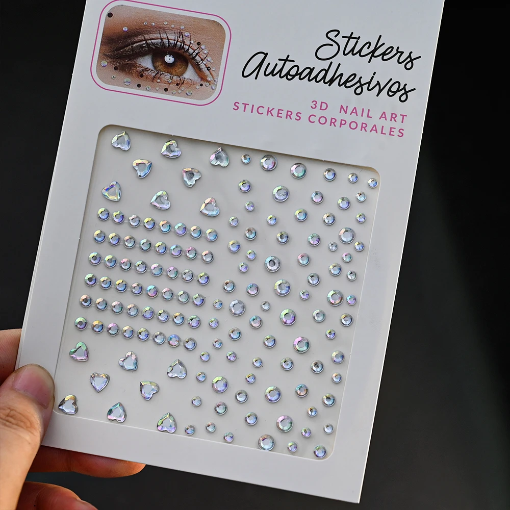 1 Blatt Stern & Mond Gesicht Edelsteine Juwelen Aufkleber Herz glänzende Strass Augen Make-up temporäre Tattoos Dekoration für Musik Festival – Detail 10