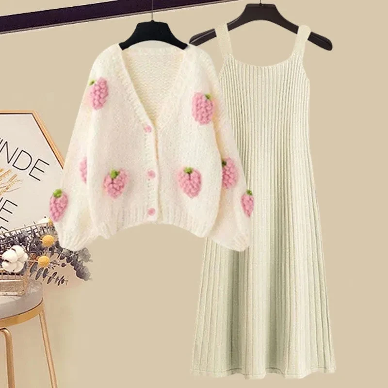 Women\'s Sweet Spring Autumn Winter Pink Sweater Dress Suit 2023 Korean Lady Knit Cardigan Tank Dresses Set Casual Loose Outfits