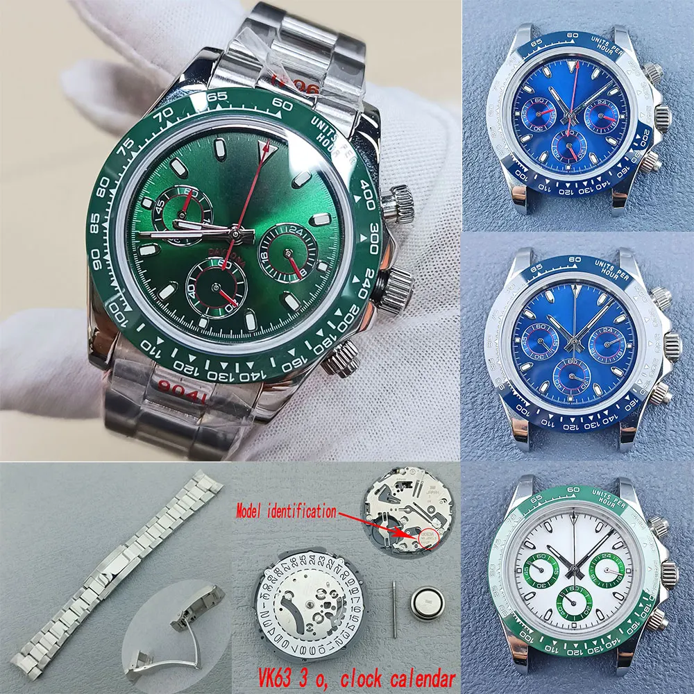 

39.5mm VK63 Silver watch case fits the VK63 Movement 316L stainless steel sapphire glass 10bar waterproof green luminous dial