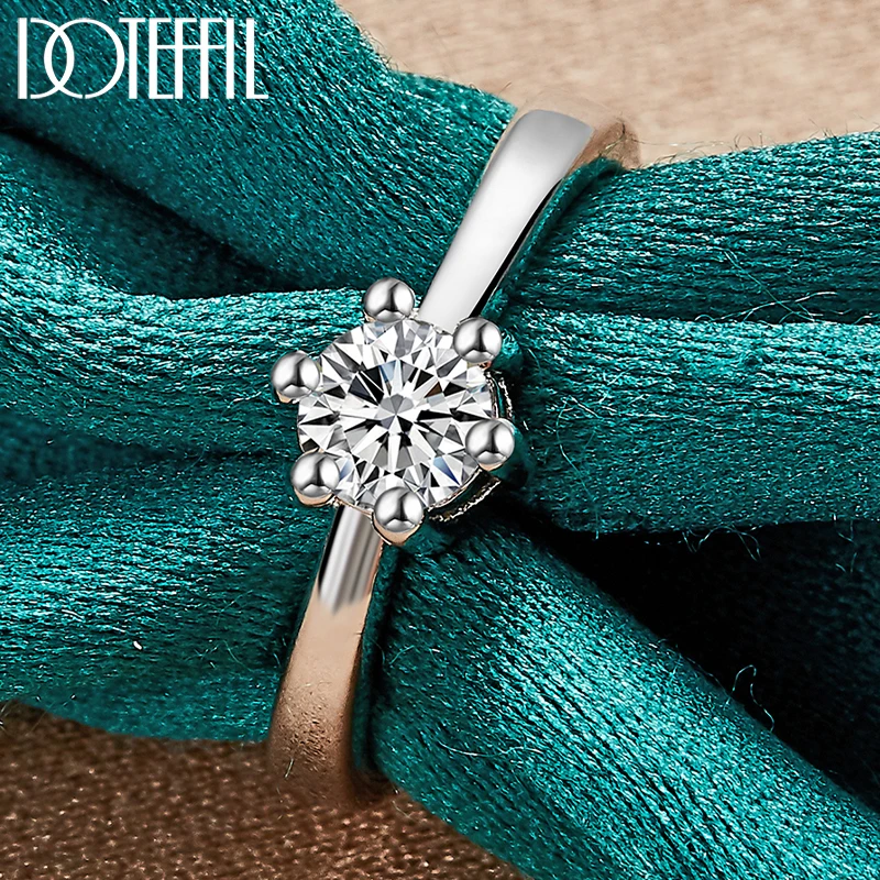 

DOTEFFIL 925 Sterling Silver Classic inlay Six Claw Crystal Ring For Woman Wedding Engagement Charm Party Jewelry