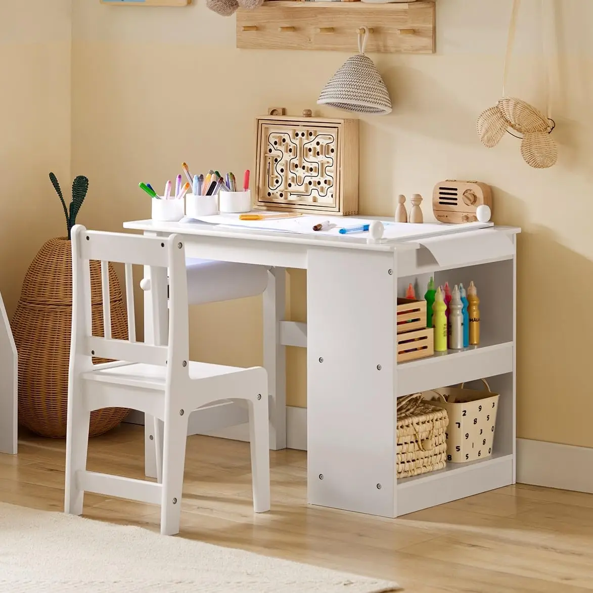 Children's table and chair set, art table with paper wheel, paint cup and storage rack, art, craft and writing drawing table set