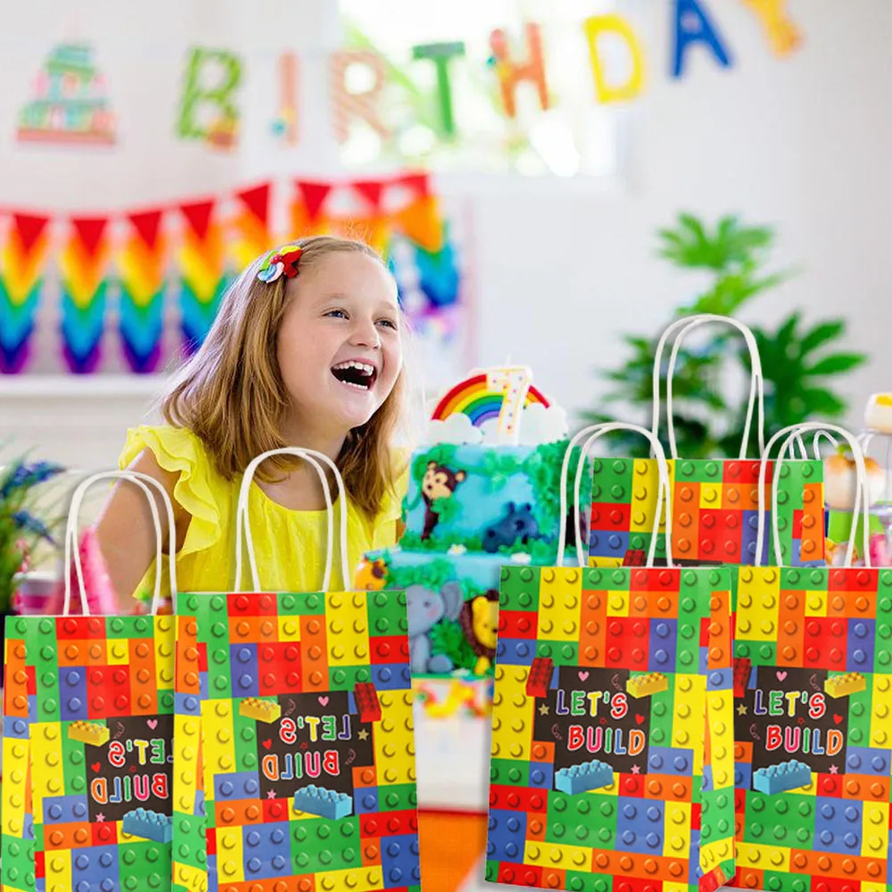 Building Blocks Brick Party Favors Gift Bags, Treat Paper Bag With Handle For Boy Kids Birthday, Baby Shower Decorations, 20Pcs - view 2