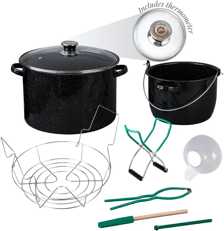 

9 Piece water bath canning pot (Speckled Black) with canning toolset, rack and preserving kettle.