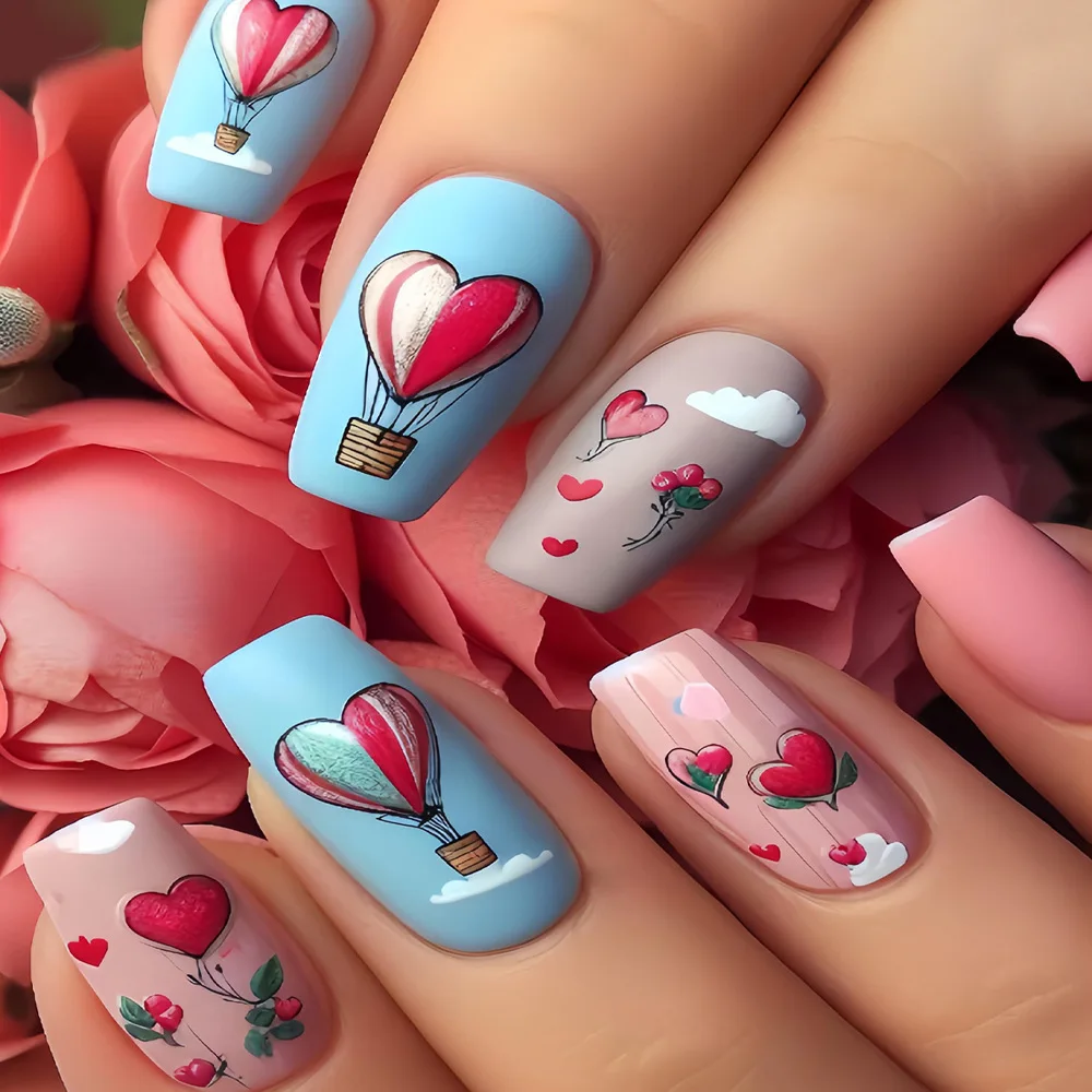 Mittlere künstliche Nägel für Frauen und Mädchen, Y2K, Rosa, Blau, Gelb, Beige, süßes Herz, quadratische Nagelspitzen zum Valentinstag, zum Aufdrücken falscher Nägel