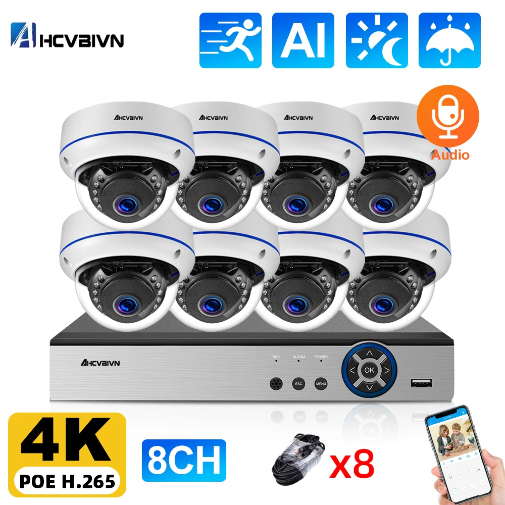 8CH POE 4K NVR 8MP Audio Dome POE IP Camera Home/Outdoor Day Night Camera Security System CCTV Video Surveillance NVR Kits XMEYE