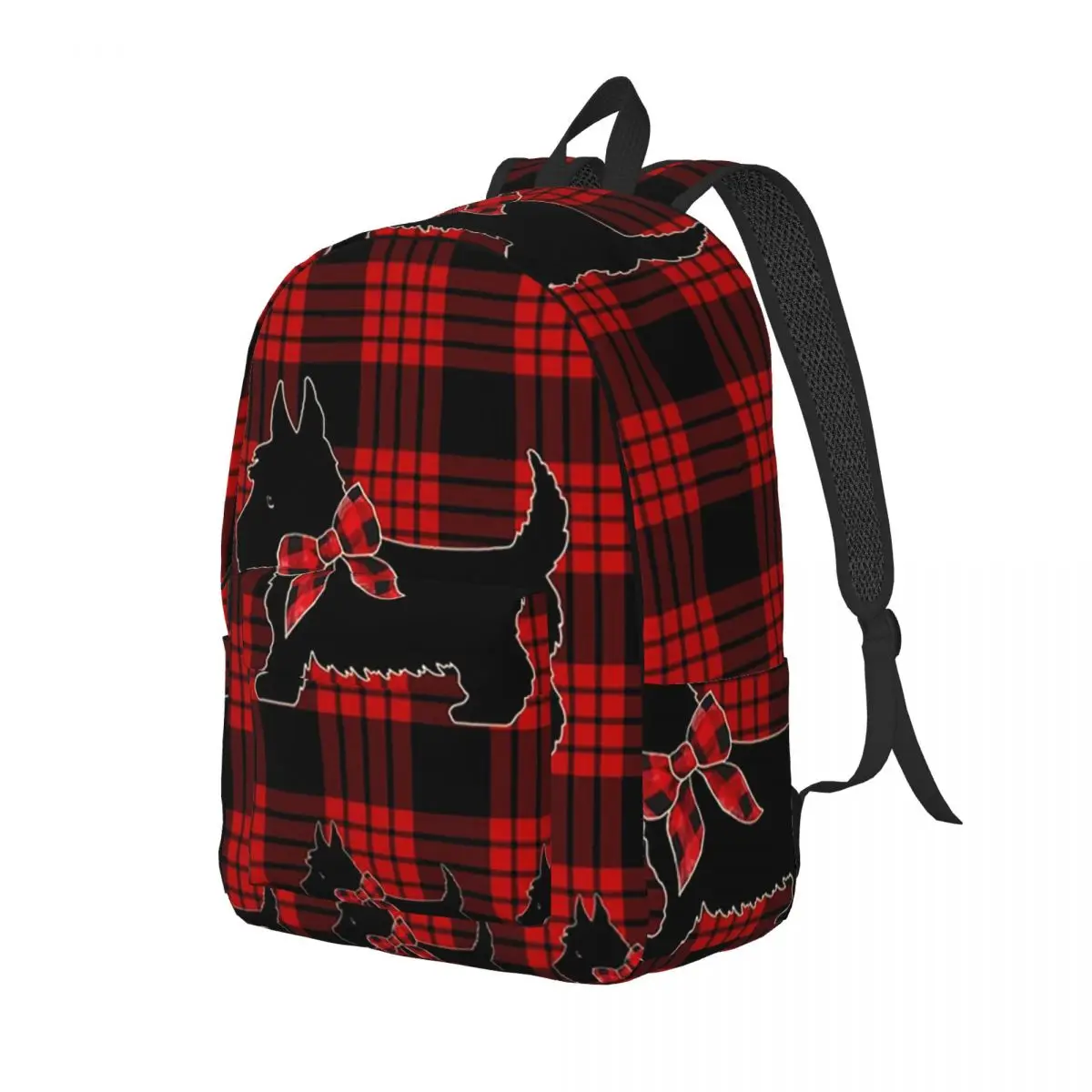 Black Scottie Dog Plaid Tartan Scottish Terrier Lover Student Backpack School Bag Hiking Travel Daypack Bookbag Shoulder Bags
