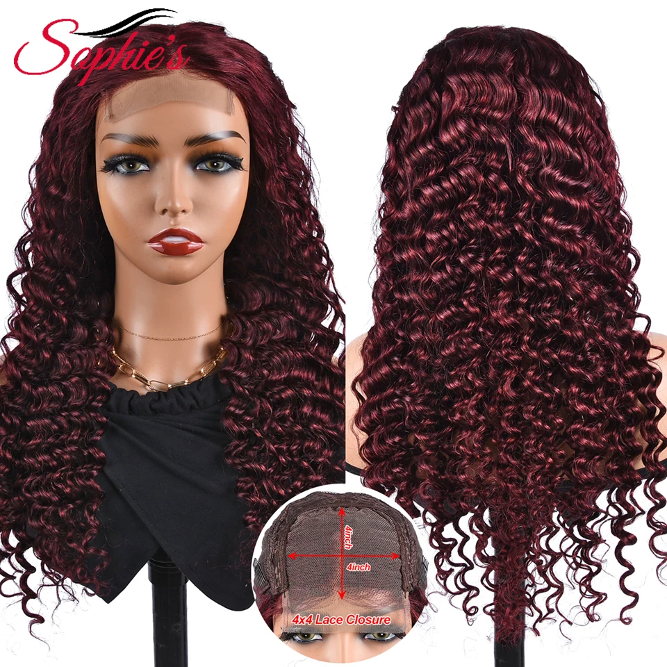 

Sophies 4*4 Lace Front Deep Wave Wigs T Part Lace Wig Burgundy Color Human Brazilian Hair 10-28 Inch 180% Density Wigs Remy Hair