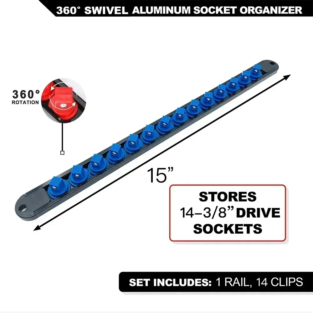 Premium Quality 360° Swivel ABS Socket Organizer Holder 1/4' 3/8' 1/2' Socket Clip Rail Tools Blue & Red