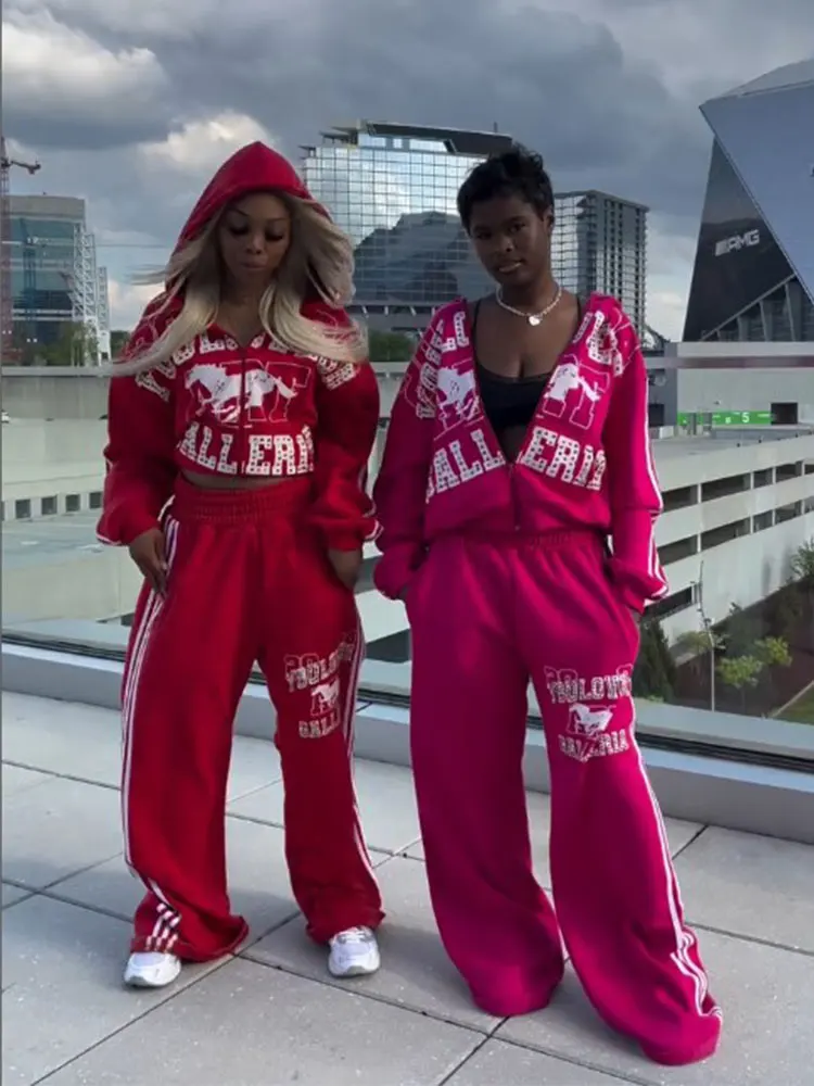 

Y2K Street Punk Letter Print Diamond Running Horse Hoodies Autumn And Winter American Hip-hop Street Dance Fashion Casual Suit