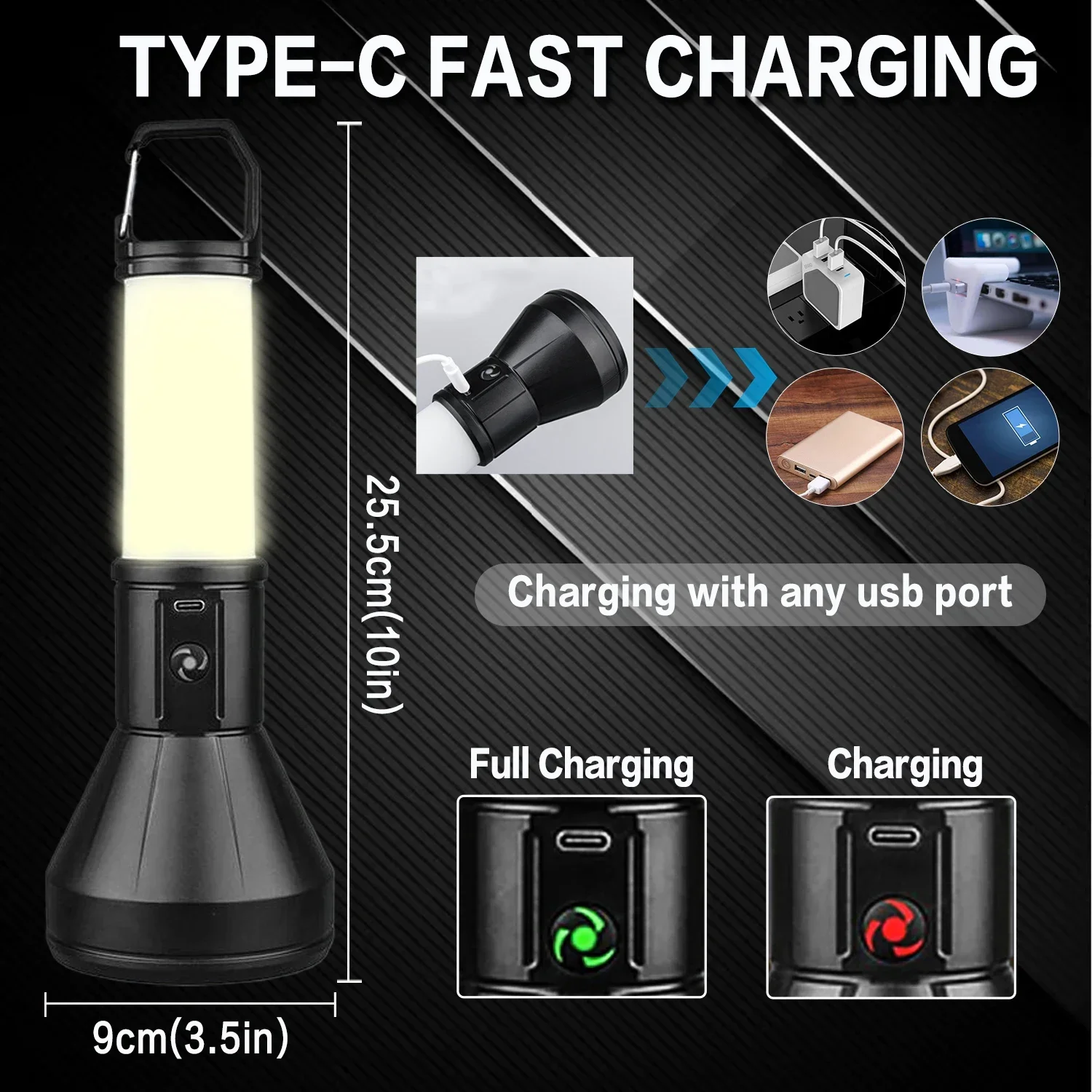 Type-C USB Rechargeable Flashlight 4 Modes Portable Torch Waterproof Flashlights with COB Side Lights Hook