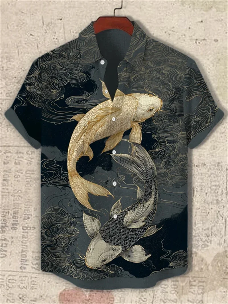 

Men's linen 3D carp print Hawaiian shirt Chinese summer style fashion clothing short sleeved shirt top