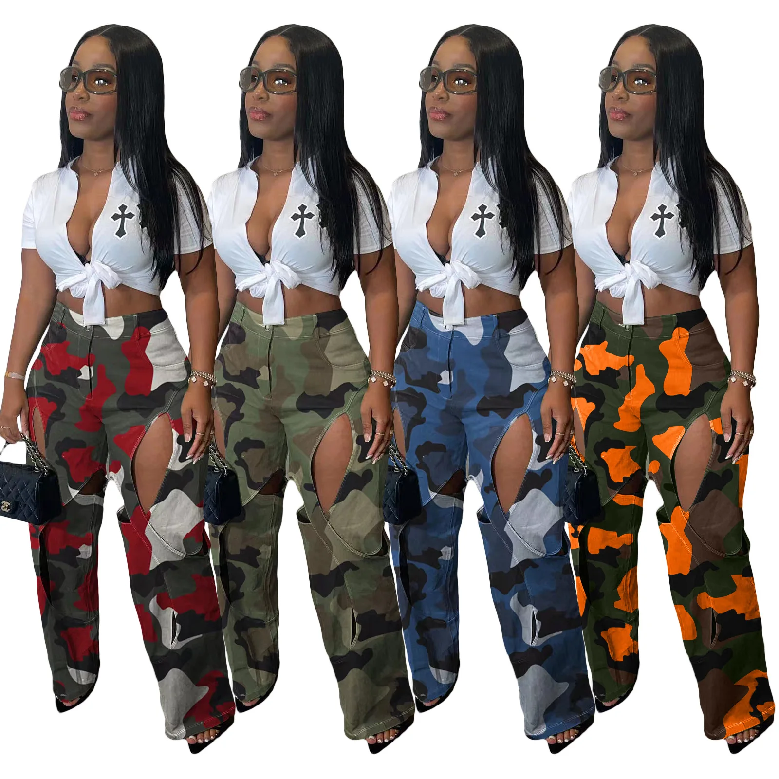 

New Fashion Printed Perforated Cargo Straight Leg Pants High Waist Casual High Waist Polyester Fiber Knitted Ladies Pants