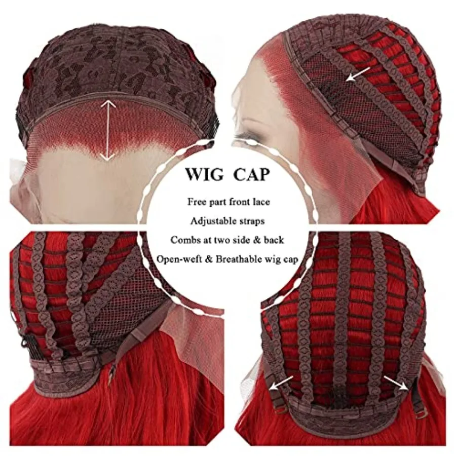 شعر مستعار صناعي طويل مموج بدانتيل أمامي أحمر للنساء مع خط شعر طبيعي مثالي للحفلات التنكرية ومناسبات الهالوين #5