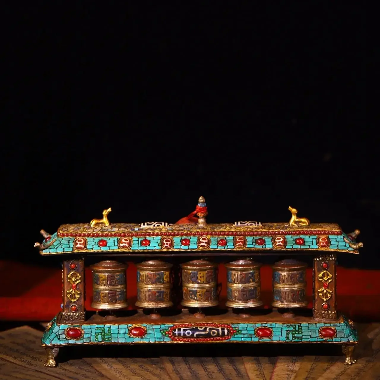 

13"Tibetan Temple Collection Old Bronze Mosaic Gem gZi Beads Turquoise Six Word Proverbs Five Prayer Wheel Old Scriptures