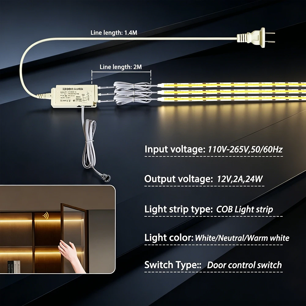 Smart Door Proximity Sensor Control LED Under Cabinet Lights 12V COB LED Strip Showcase Wardrobe Lamp Backlight For Room Kitchen