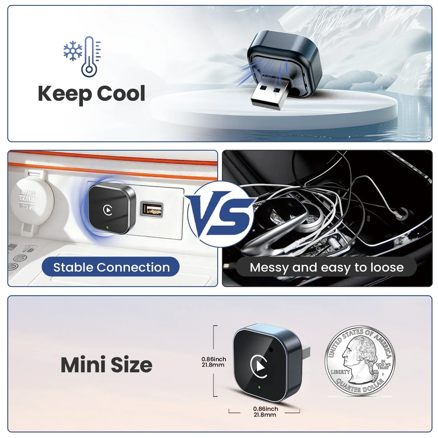 2in1 Wireless CarPlay Android Auto Adapter Plug & Play Dongle AI Smart Box For iPhone Android Fast Connect WiFi Bluetooth ，Audi