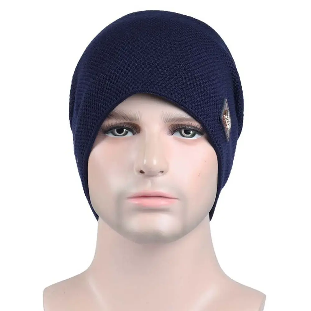 Warm Fleece Lined Casual Knitted Hat Label Decor Knitted Material Slouchy Winter Hats Solid Pullover Winter Beanie Men and Women