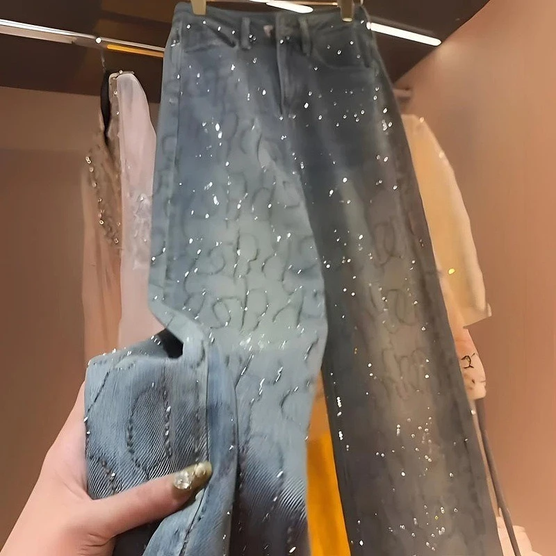 

Весенние женские джинсовые брюки с бриллиантами и бисером, синие прямые широкие джинсы с высокой талией и стразами, ковбойские брюки 2025