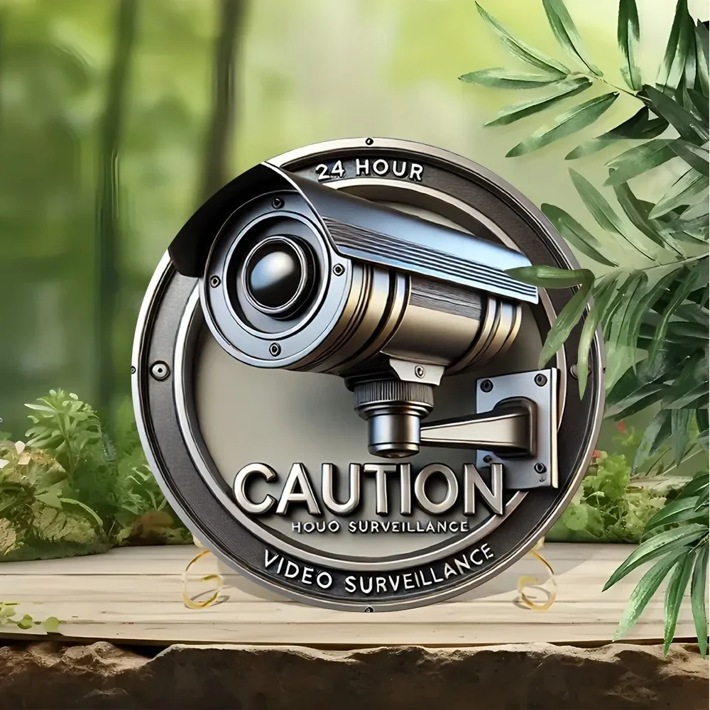 CIFBUY Caution Security Camera Round Aluminum Wall Sign Vintage Surveillance Warning Print Waterproof Pre‑Drilled Wall Decor