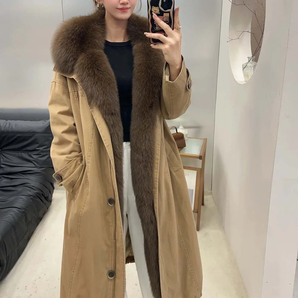 2025년 신상 가을 겨울 여성용 리얼 폭스 퍼 칼라 특별 구스다운 재킷 여성 럭셔리 코트 긴 소매 파카 재킷
