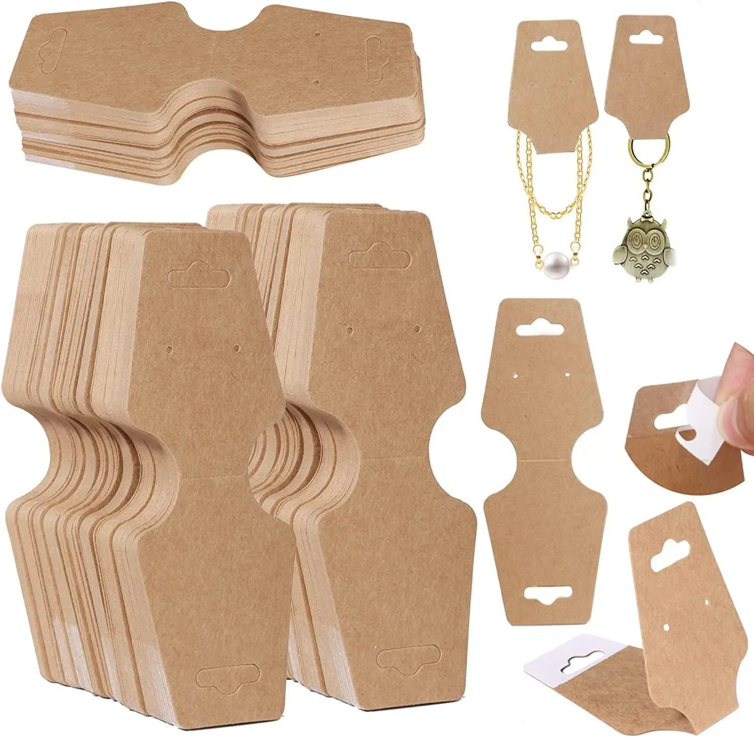 Jewelry Display Cards 100 Pcs Self Adhesive Kraft Paper Cards, Necklace Bracelet Keychain Holder for Selling Packaging Craft Dis