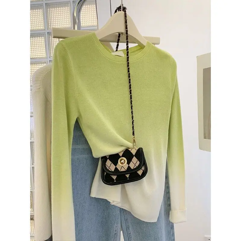 Fresh Green Gradient Pullover Knitwear Women Clothing Casual Loose All Match Undershirt Spring Autumn Fashion Long Sleeve Top