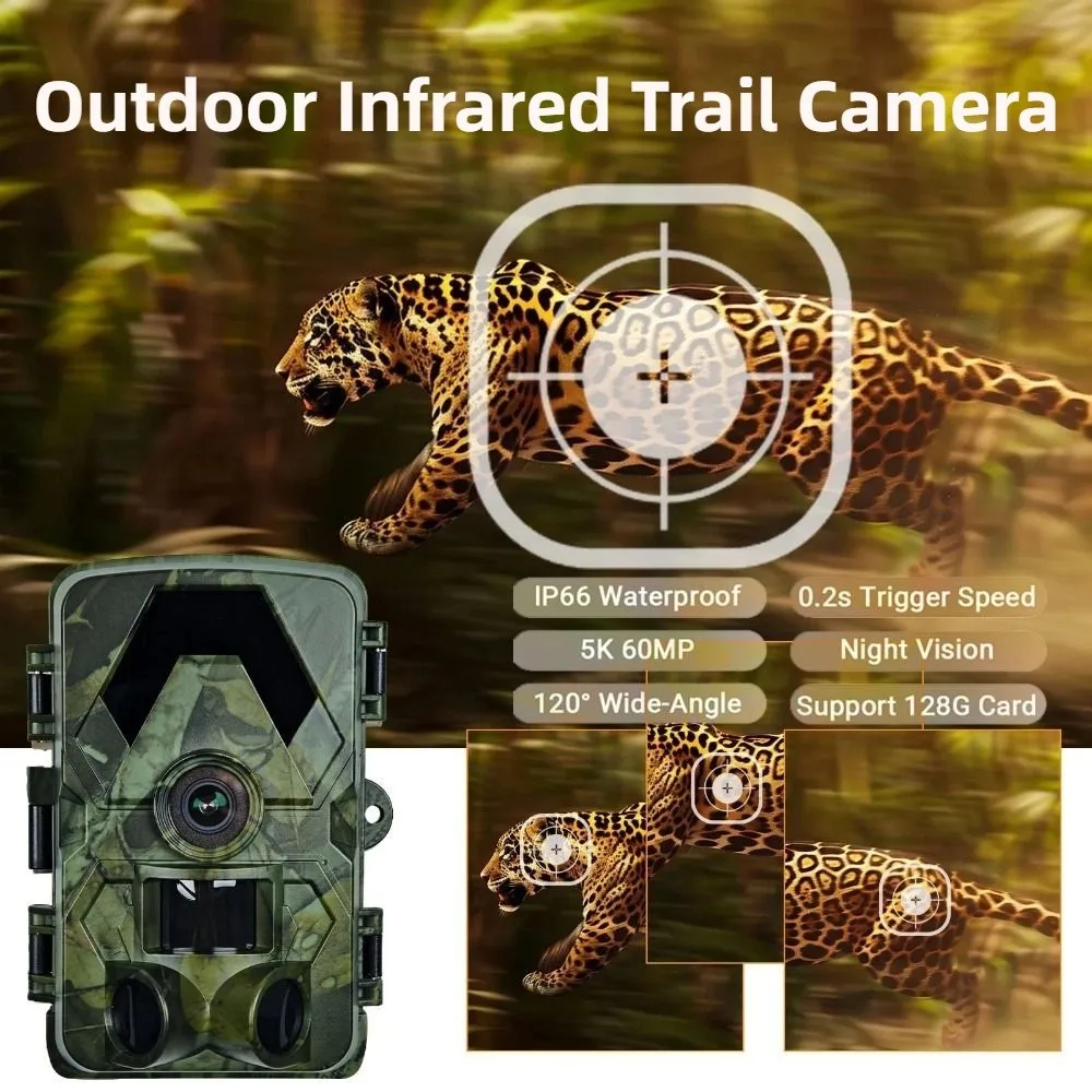 

IP66 Waterproof Outdoor Infrared Trail Camera 120° Wide-Angle 0.2s Trigger Speed 60MP Wildlife Tracker Camera 5K Video