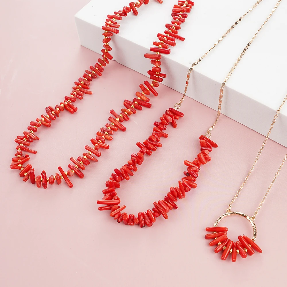 Bohemian Ocean Charms Vintage Fashion Red Natural Coral Beads Pendant Necklace Hand made Accessories In Trend 2024