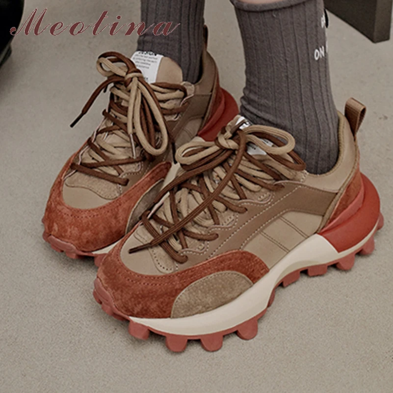 

Meotina Women Genuine Leather Sneakers Round Toe Platform Lace-up Flats Mixed Colors Cow Suede Lady Fashion Shoes Spring Autumn