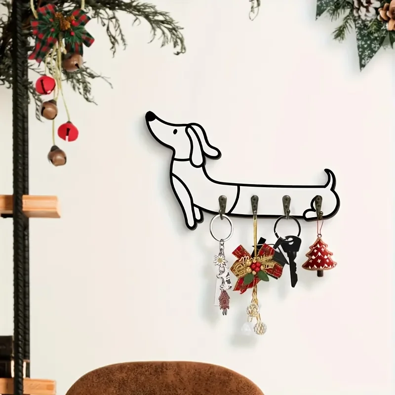 A white dachshund wall storage rack, wooden multi-functional home key holder, four metal hooks, suitable as a housewarming gift