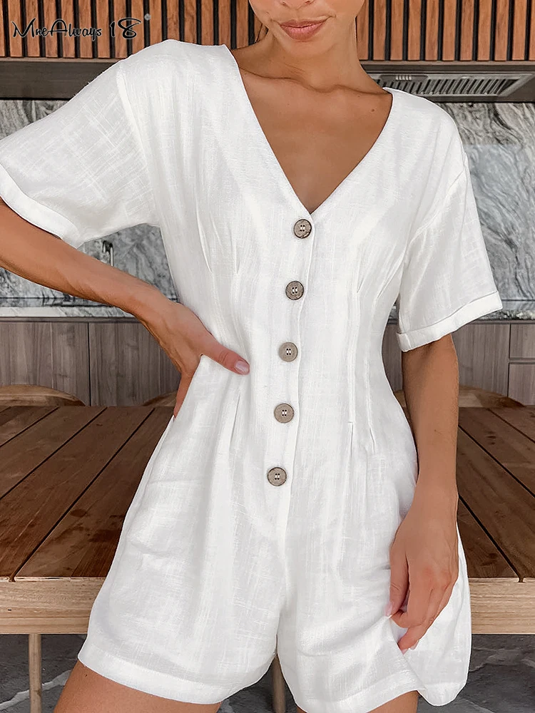 

Mnealways18 White Cotton Linen Jumpsuits Womens Summer 2024 V-Neck Single-Breasted Vacation Rompers Soft Casual One-Piece Ladies