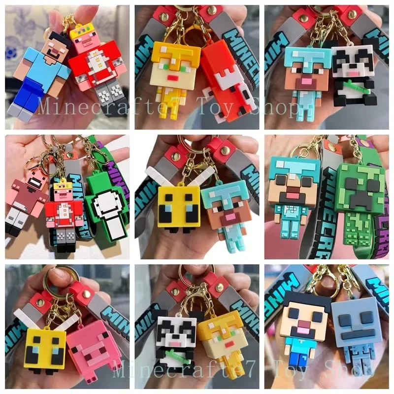 Game Minecrafte Figure Keychain Fox Panda Pig Steve Toys Pixel Keychain MC Cartoon Creeper Doll Silicone Backpack Pendant Gifts